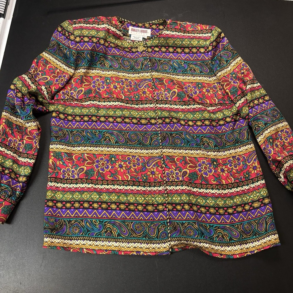 Maggie London Top Paisley‎ Floral 100% silk Vintage 80's Blouse Boho Womens 10